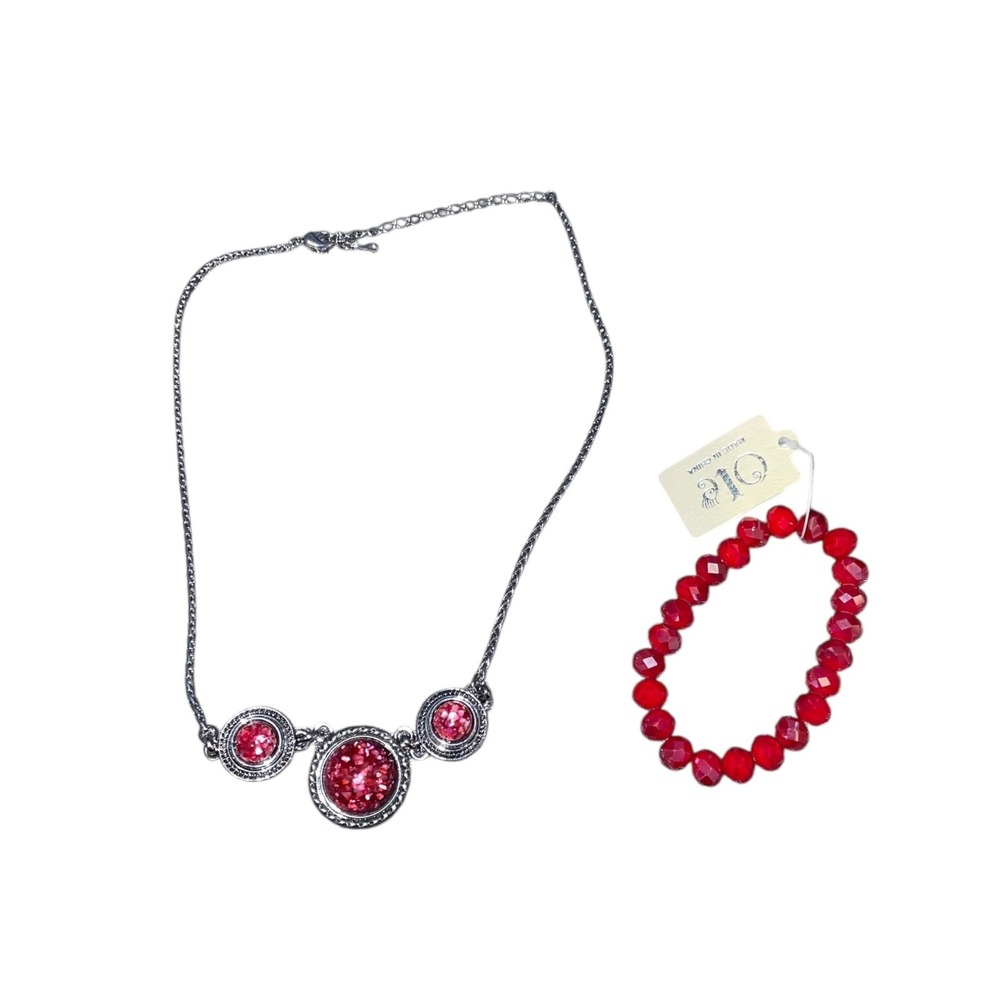 Red Crystal Necklace & Bead Bracelet Set Silver Tone‎ Vintage Glam